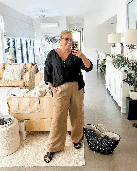 Black Linen + Tan Trousers