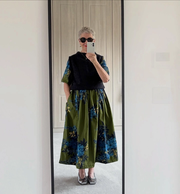 Olive Floral Dress + Black Knit Vest
