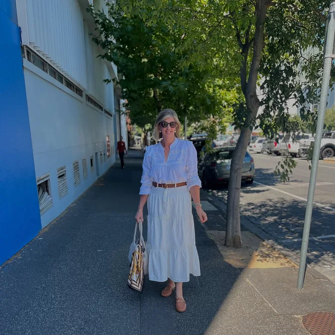 White Blouse and Tiered Midi Skirt