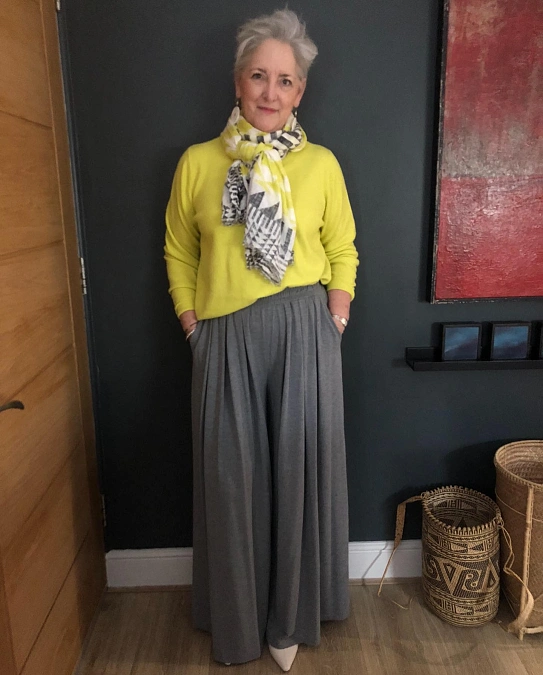 Lime Knit and Gray Wide-Leg Pants