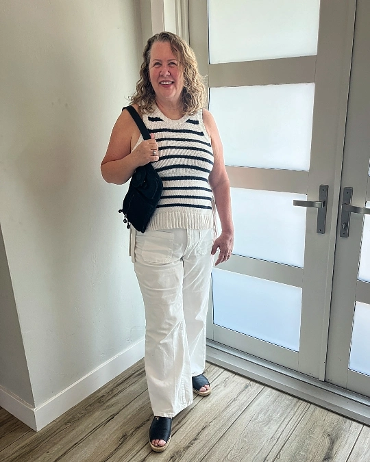 Striped Knit Vest and White Pants