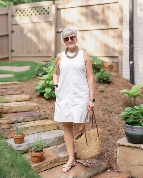 White Shift Dress + Straw Tote