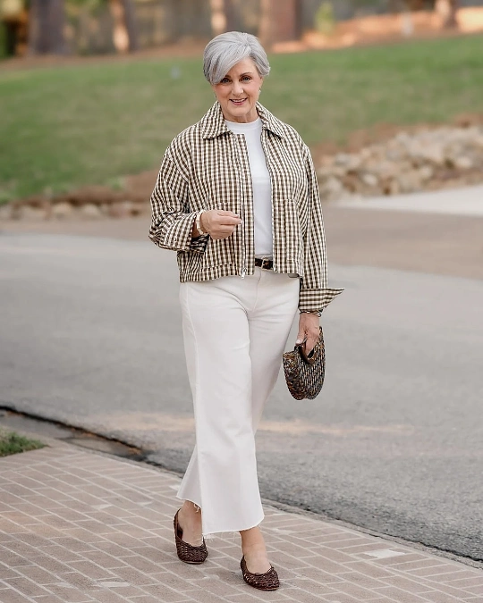 Checked Jacket + White Cropped Pants