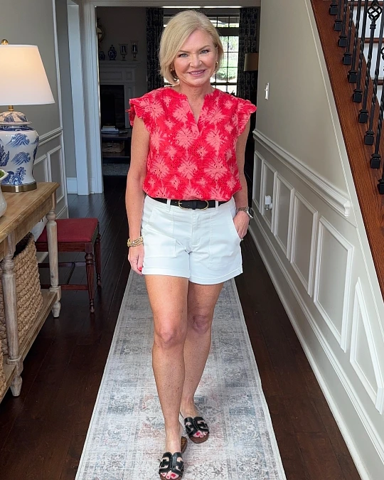 Coral Blouse and White Shorts