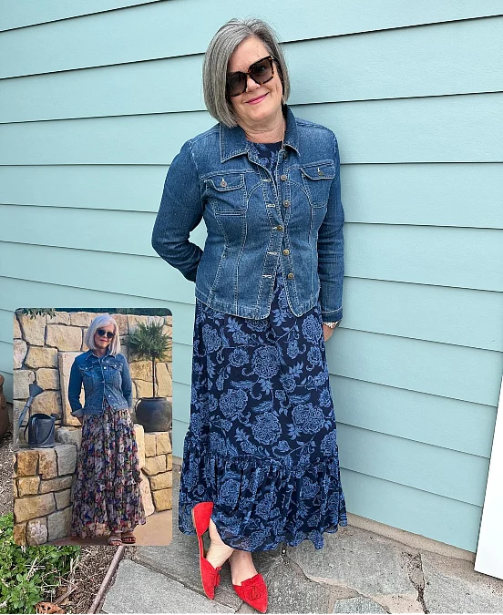 Denim Jacket and Navy Floral Dress