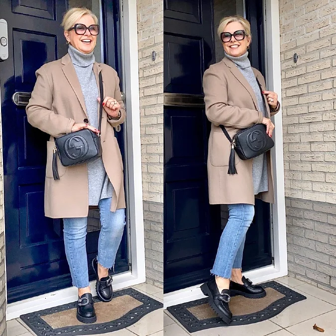 Camel Coat + Grey Turtleneck + Cropped Jeans