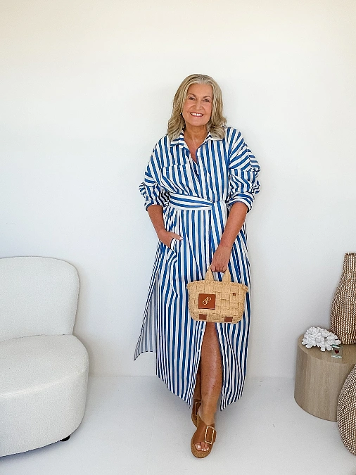 Striped Shirt Dress and Straw Bag