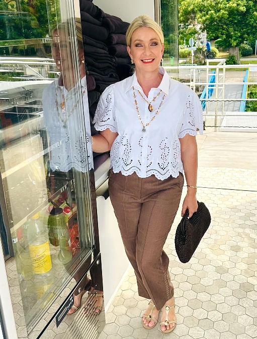 White Eyelet Shirt and Brown Trousers