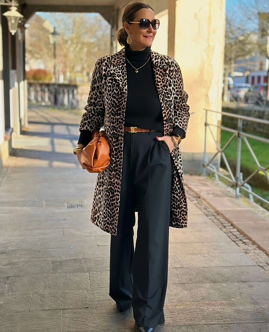 Leopard Coat and Black Trousers