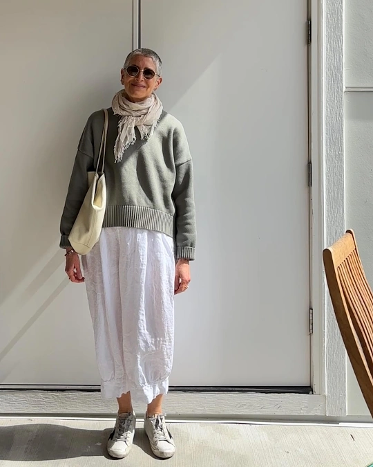 Soft Gray Sweater and White Skirt