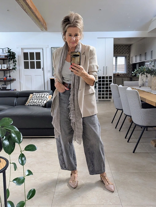 Cream Blazer and Gray Denim