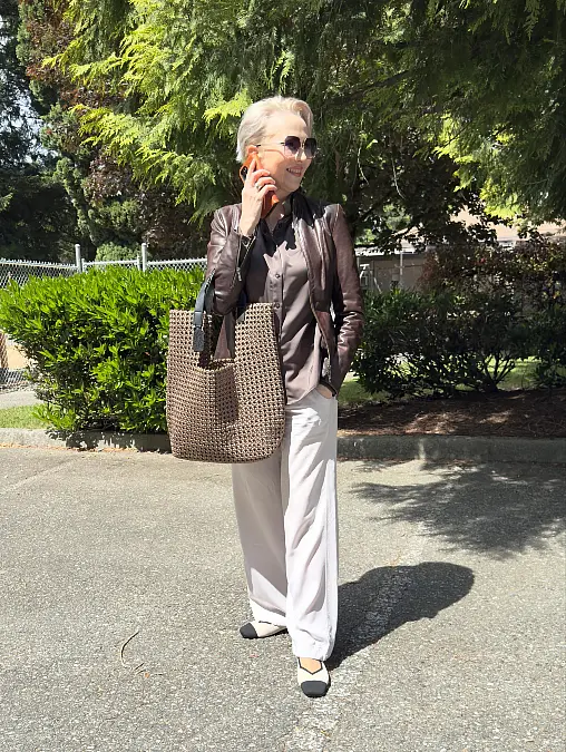 Brown Leather Jacket and White Trousers