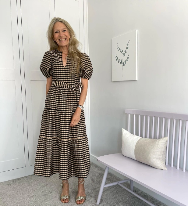 Gingham Midi Dress with Puff Sleeves