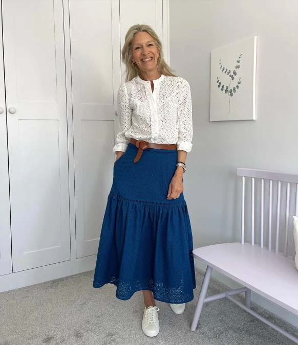 White Eyelet Blouse and Blue Midi Skirt