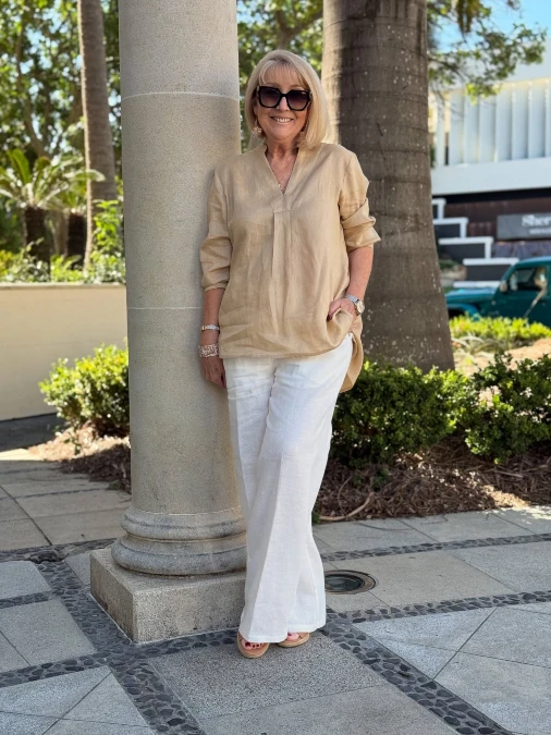 Soft Linen Neutrals with White Trousers