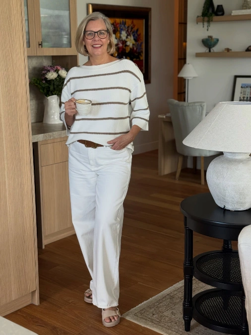 Striped Knit + White Straight-Leg Jeans