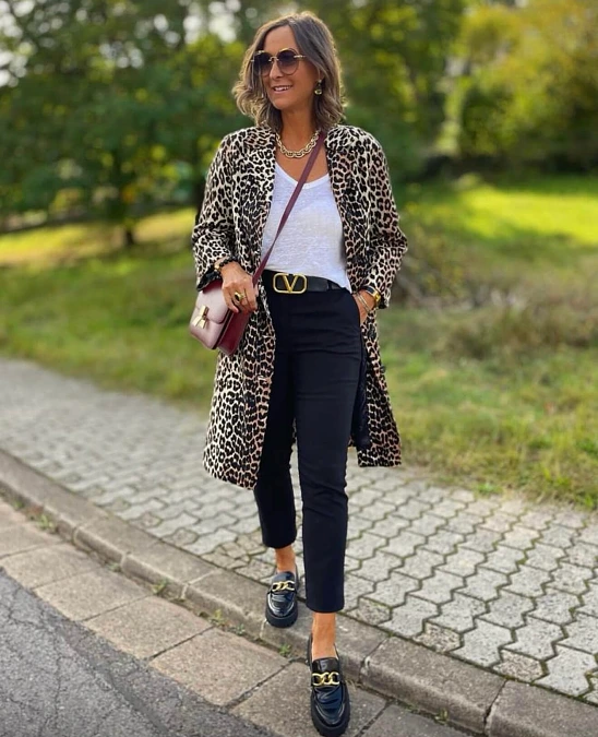 Leopard Coat and Black Trousers