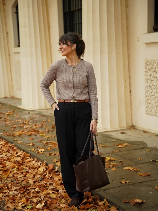 Taupe Cardigan with Black Wide-Leg Trousers