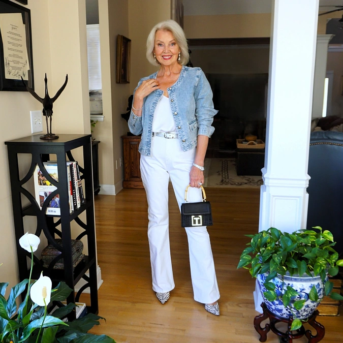 Denim Jacket + White Flared Trousers