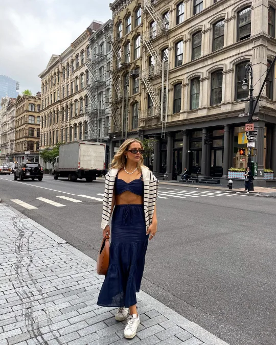 Navy Maxi Skirt with Striped Knit