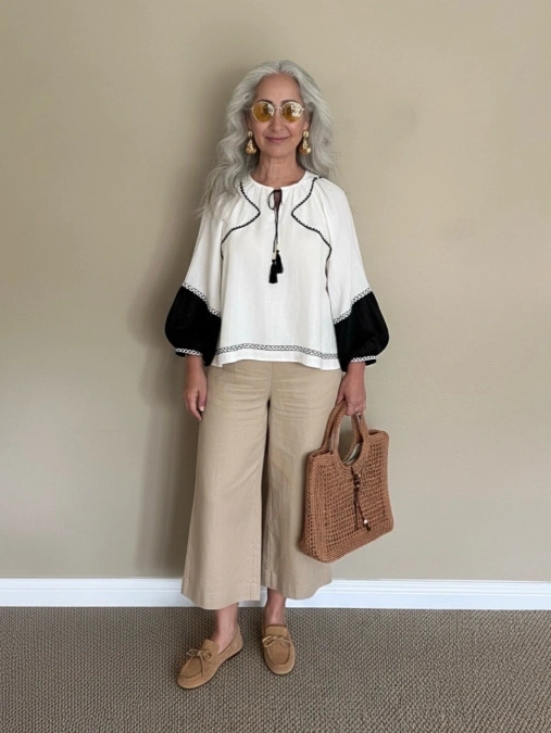 Peasant Blouse with Cropped Linen Trousers