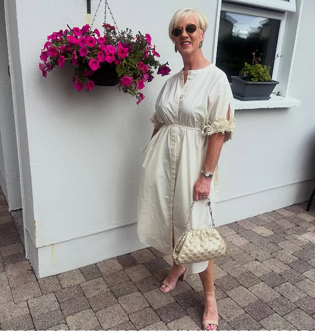 Cream Midi Dress with Textured Sleeves