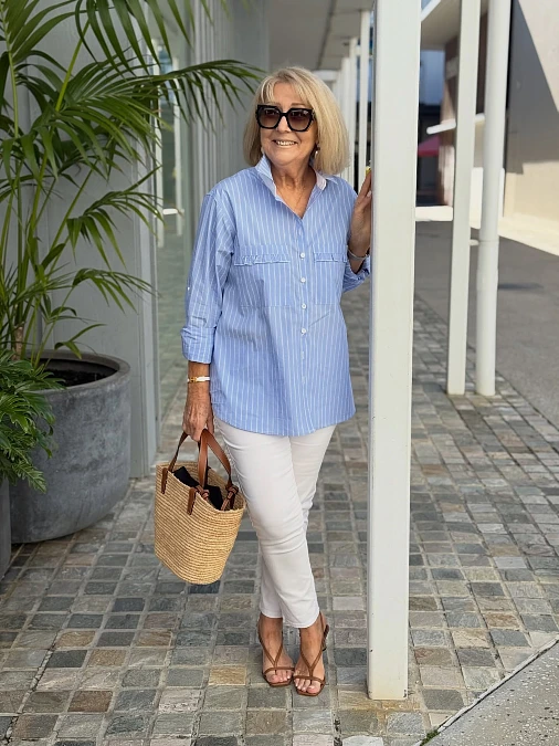Blue Striped Shirt and White Pants