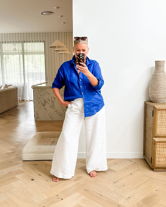 Cobalt Shirt and White Wide-Leg Pants