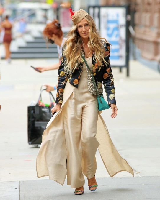Floral Jacket and Cream Wide-Leg Trousers