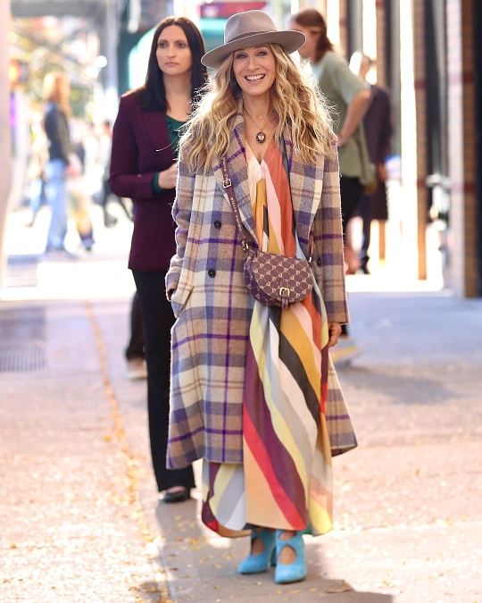 Plaid Coat + Colorful Maxi Dress