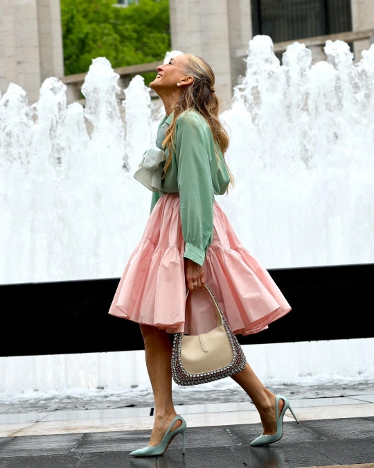 Sage Blouse and Pink Full Skirt