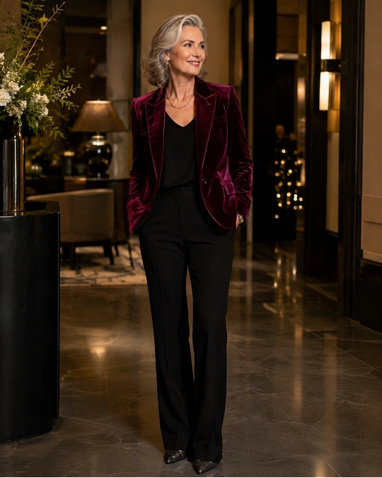 Velvet Blazer + Dark Trousers + Simple Top