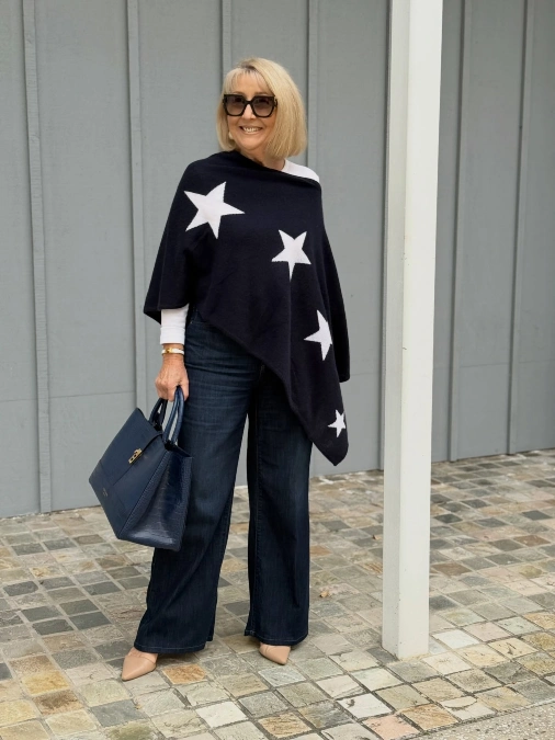 Star Print Poncho + Wide-Leg Jeans