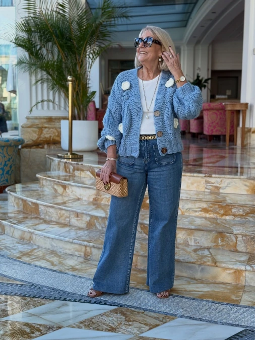 Blue Cardigan + Wide-Leg Jeans