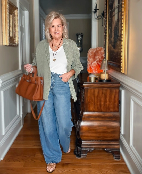 Soft Green Layer + Wide-Leg Jeans