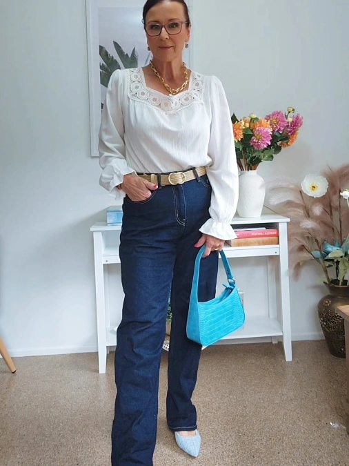 White Blouse + Dark Straight Jeans