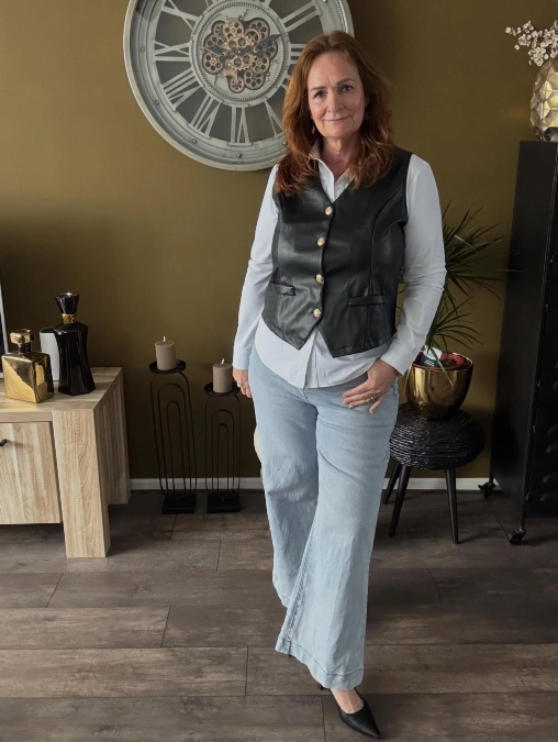 Leather Vest + Wide-Leg Jeans