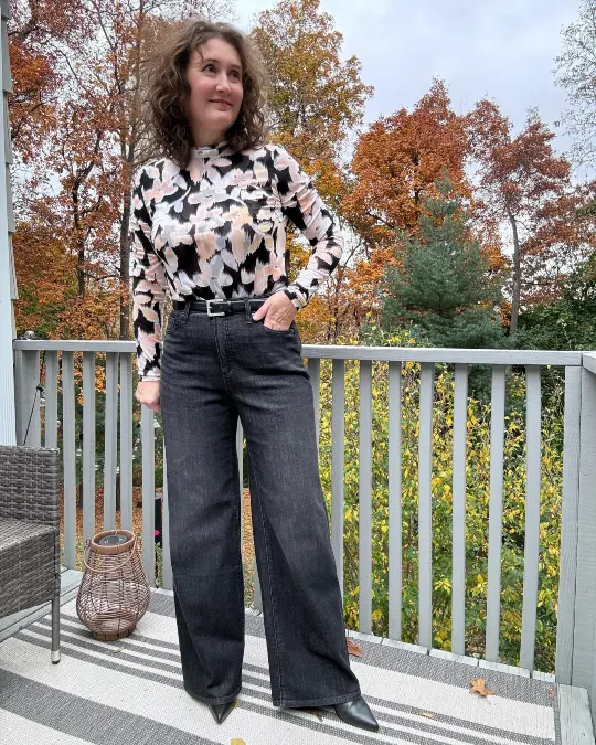 Floral Blouse + Dark Wide-Leg Jeans