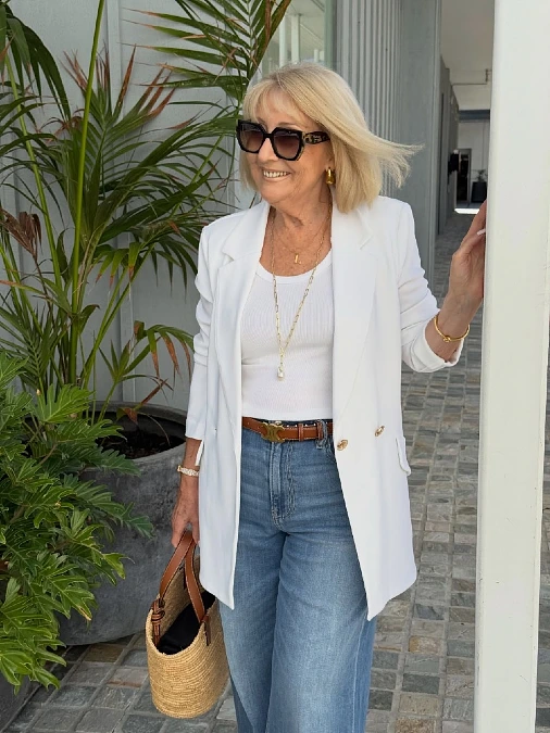 White Blazer + Ribbed Tee + Jeans