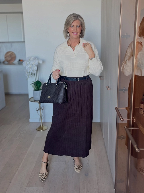 White Knit + Pleated Midi Skirt