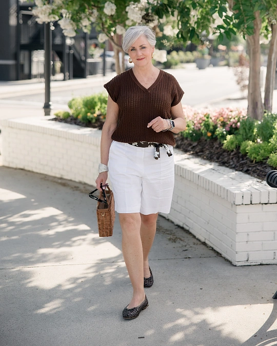 Brown Knit Top + White Shorts