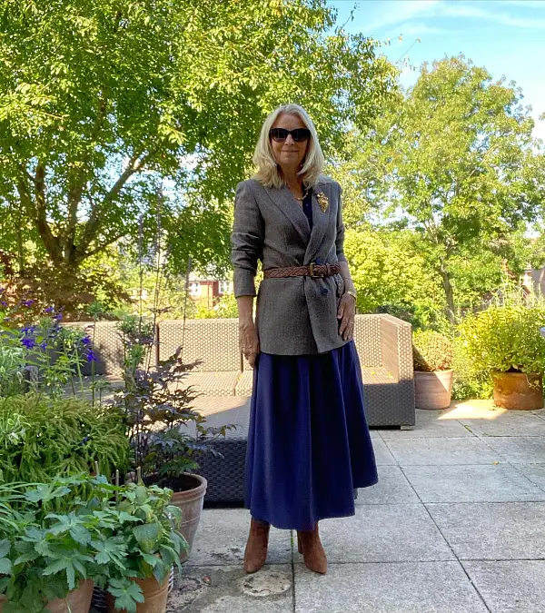 Gray Blazer + Navy Midi Skirt