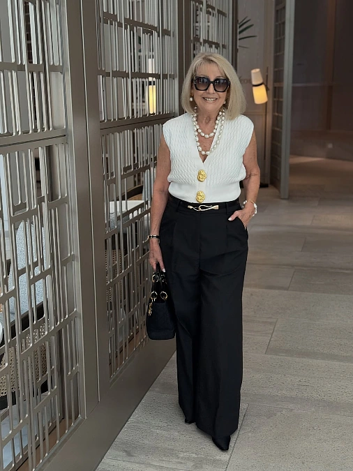 White Knit Vest + Wide-Leg Trousers