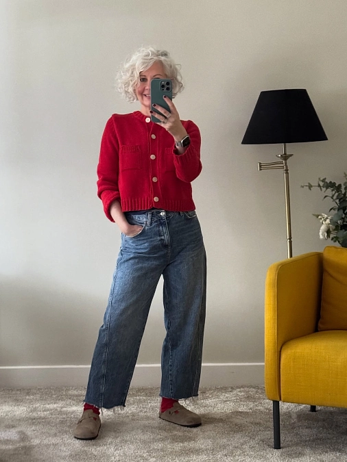 A Red Cropped Cardigan Outfit