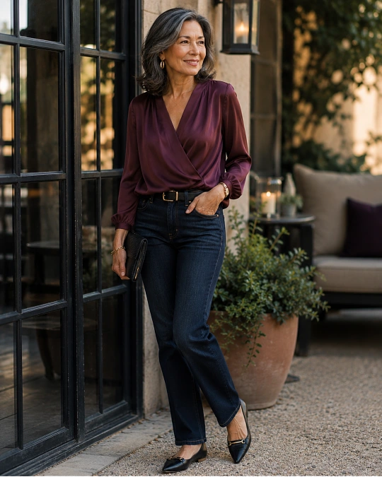 Dark jeans + special top + sleek flat
