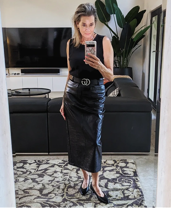 A Black Leather Midi Skirt