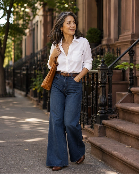 Flare and Wide-Leg Pants Look Better With a Clean Upper Half