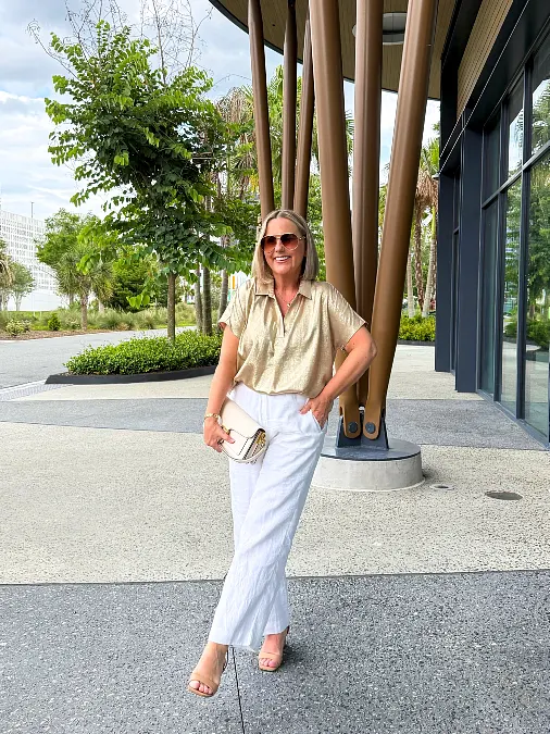 Champagne Blouse + White Linen Pants