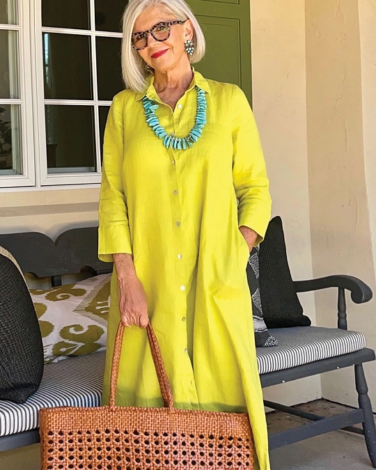 Lime Shirt Dress and Woven Tote