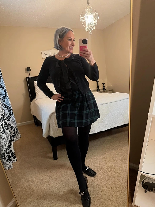 Tartan Mini Skirt and Black Cardigan